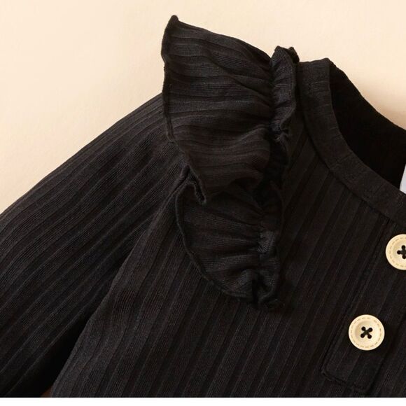 New 2 pc baby girls black & leopard print romper, ribbed, black long sleeved - Picture 2 of 5